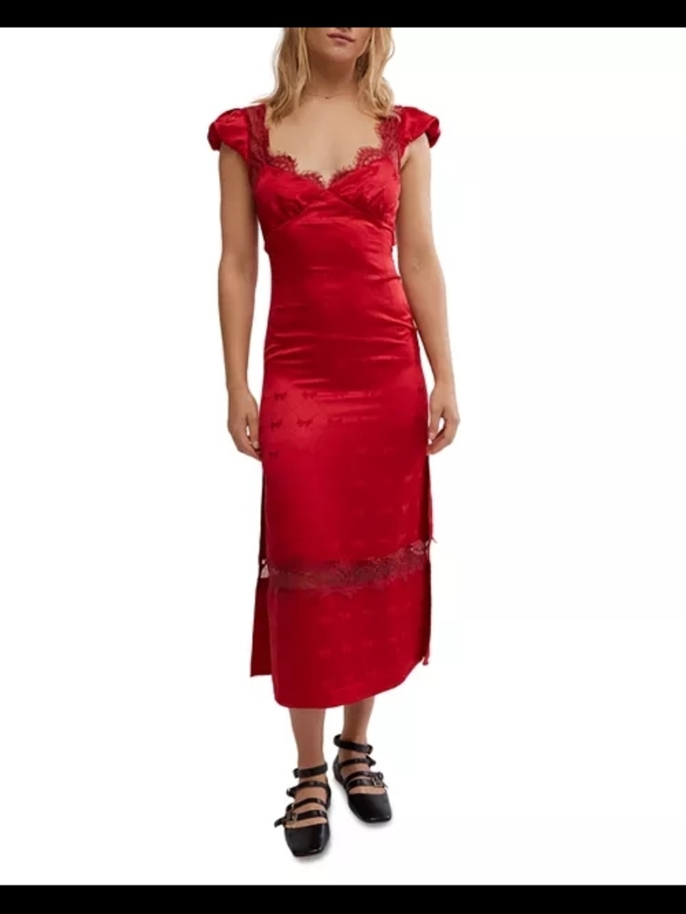 Free People "Foolish Heart" Red Lace-Trim Midi Dress EUC worn once